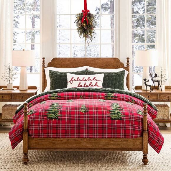 Pottery Barn Other - Pottery Barn Elliot KING / CAL Duvet Cover Christmas Tree Embroidered Red Plaid
